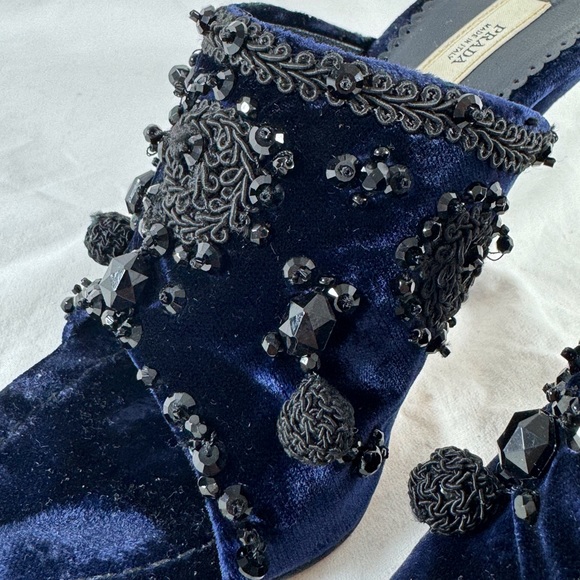 PRADA Navy Blue Velvet Faux Stone Embroidered Heels Sandals 36.5 - 6.5US - Picture 6 of 12